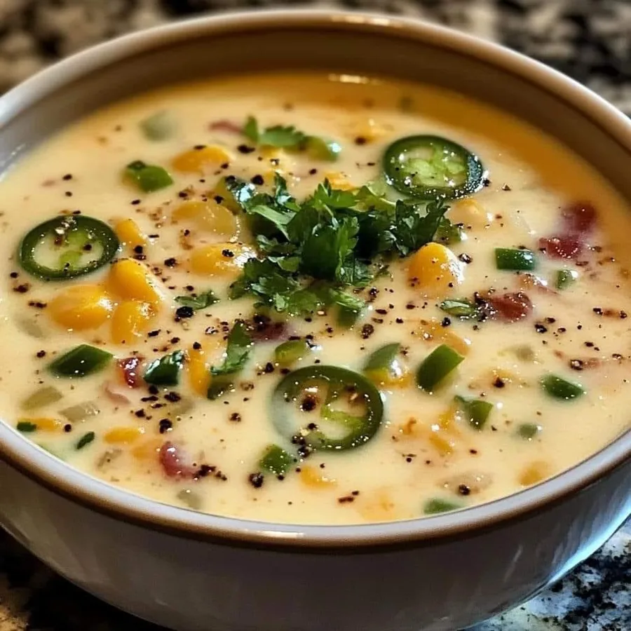 Salmon chowder with corn, bacon and jalapeño