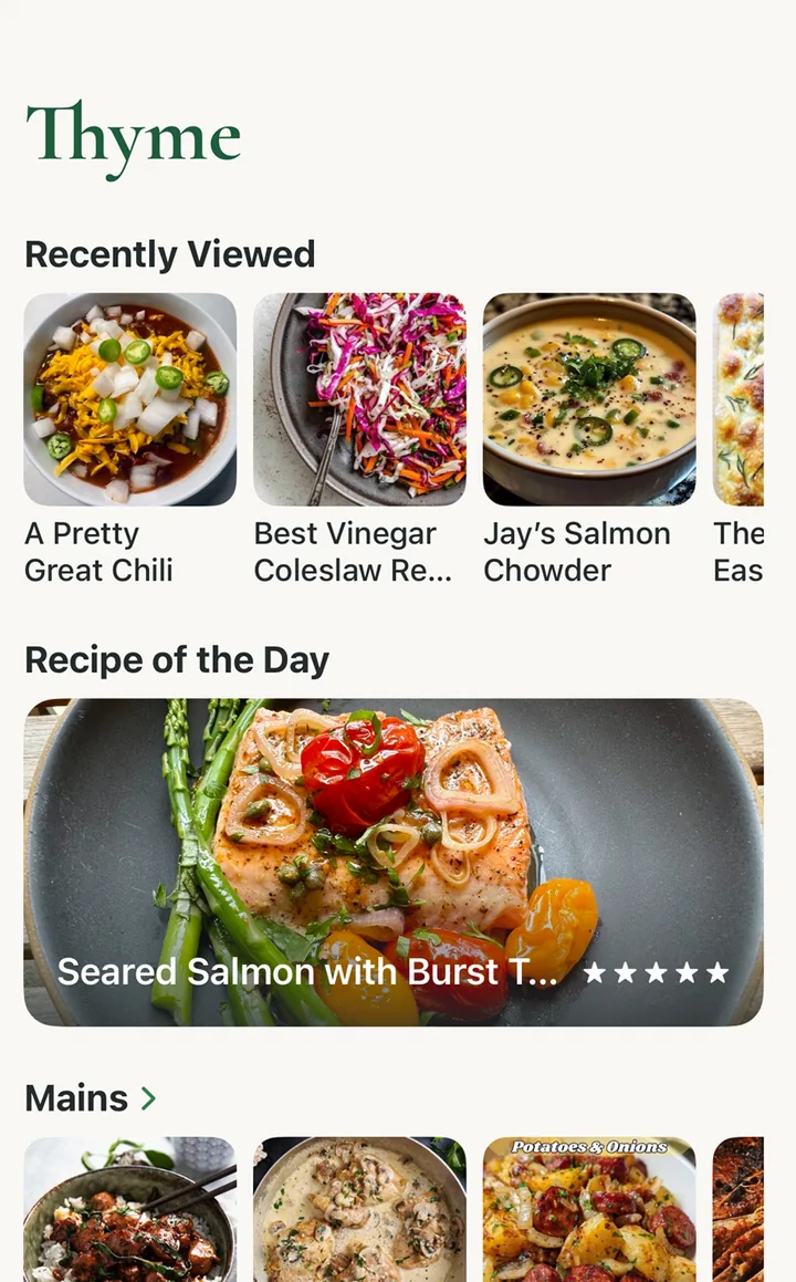 The Thyme home screen: Recently Viewed, Recipe of the Day, and shelves by category