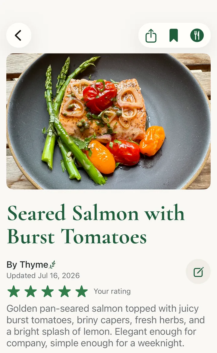The same salmon recipe in Thyme: photo, title, ingredients and directions, cleanly formatted